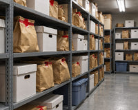 Rows of cardboard cold case boxes and paper evidence bags on metal shelves in a police evidence room