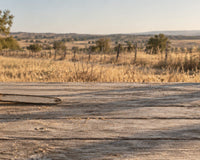 A worn orange chainsaw lying on the gray boards of an old farmhouse porch, with dry grass, a wire fence, and low hills behind it in late afternoon sun